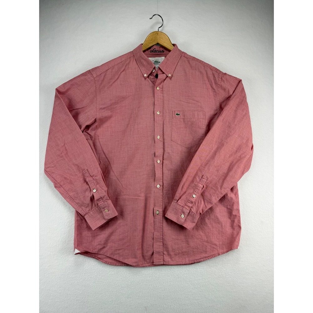 Lacoste Button Down Shirt Mens 44 Regular Fit Pink Long Sleeve Check Pocket